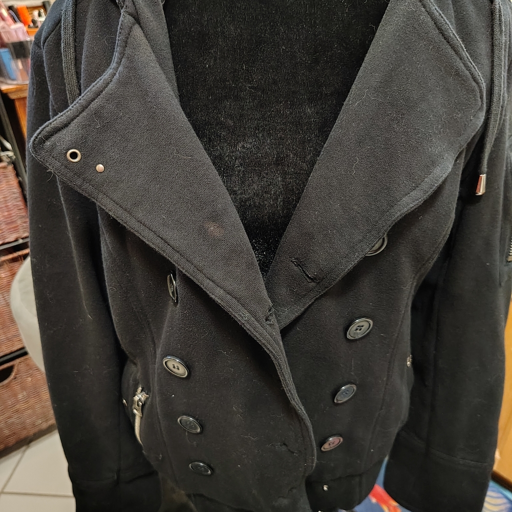 Vintage Hot Kiss Black Peacoat With Zip Off Hood/ SZ L/ See Pics Info